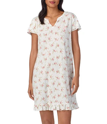 Lauren Ralph Lauren Floral Print Double Short Sleeves Split-Round Neckline Knee Length Knit Nightgown