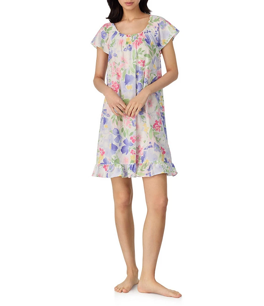 Lauren Ralph Lauren Floral Print Flutter Sleeve Scoop Neck Woven Short Nightgown