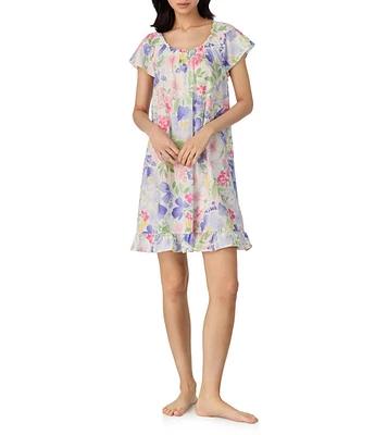 Lauren Ralph Lauren Floral Print Flutter Sleeve Scoop Neck Woven Short Nightgown