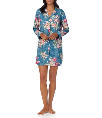 Lauren Ralph Lauren Floral Print Long Sleeve Notch Collar Sateen Sleepshirt