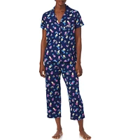 Lauren Ralph Lauren Floral Print Short Sleeve Notch Collar Capri Jersey Knit Pant Pajama Set
