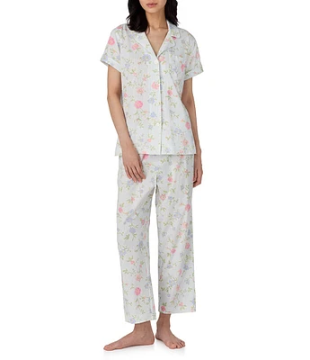 Lauren Ralph Lauren Floral Print Short Sleeve Notch Collar Knit Cropped Pajama Set