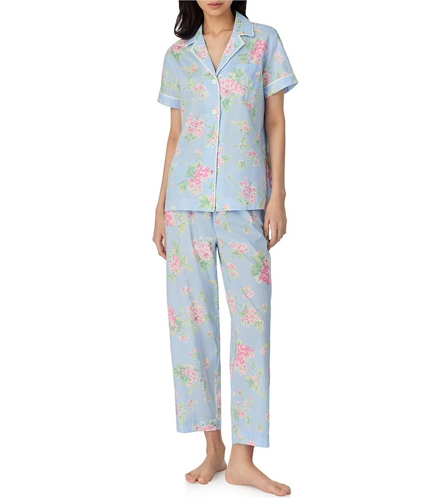 Lauren Ralph Lauren Floral Print Short Sleeve Button Front Notch Collar Woven Cropped Pajama Set