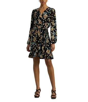 Lauren Ralph Lauren Floral Stretch Jersey Surplice V-Neck Long Sleeve Dress