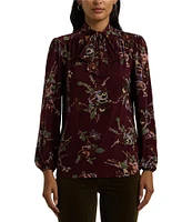 Lauren Ralph Lauren Floral Stretch Jersey Tie-Neck Long Sleeve Top