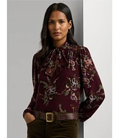 Lauren Ralph Lauren Floral Stretch Jersey Tie-Neck Long Sleeve Top