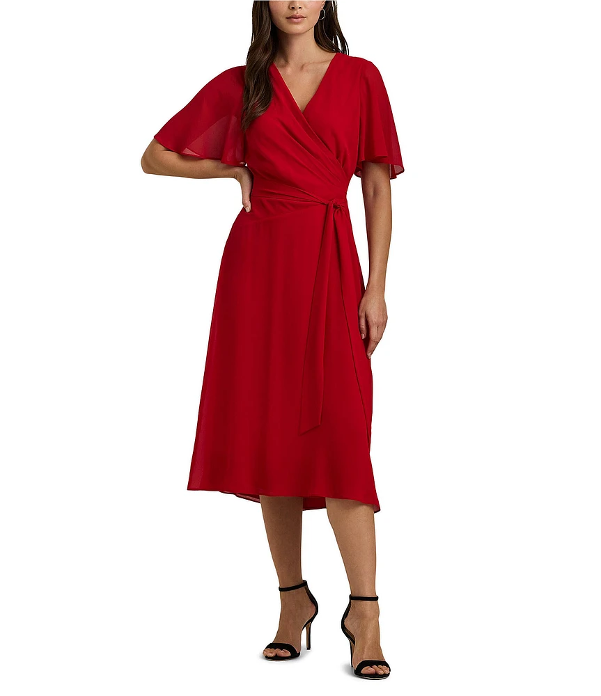 Lauren Ralph Lauren Flutter Sleeve Georgette Faux Wrap Midi Dress