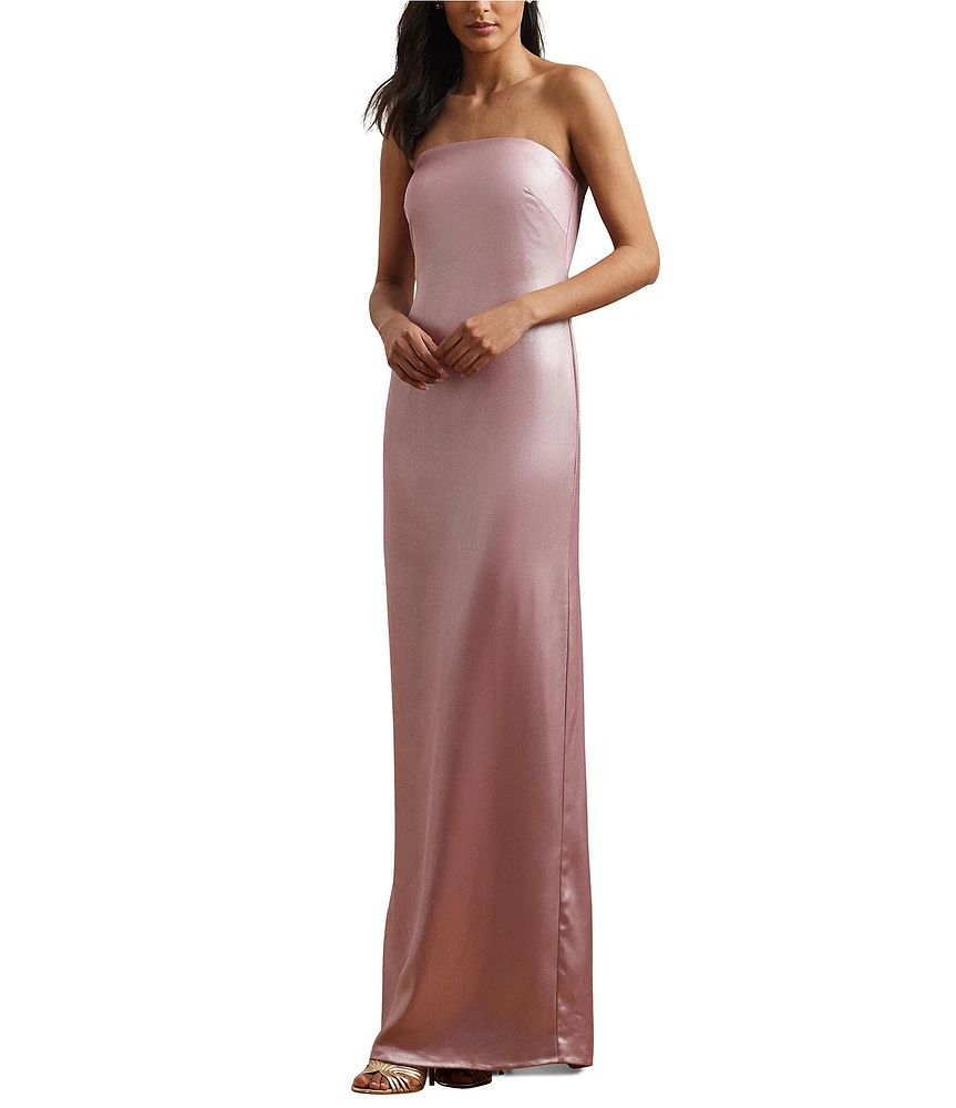 Lauren Ralph Lauren Foiled Charmeuse Satin Strapless Neck Sleeveless Sheath Gown