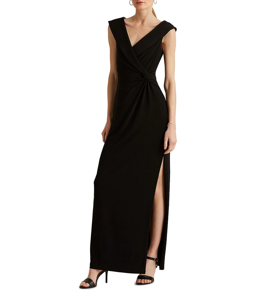 Lauren Ralph Lauren Fold Over Collar V-Neck Sleeveless Side Slit Gown