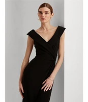 Lauren Ralph Lauren Fold Over Collar V-Neck Sleeveless Side Slit Gown