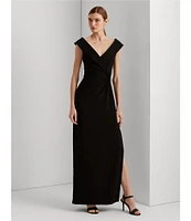 Lauren Ralph Lauren Fold Over Collar V-Neck Sleeveless Side Slit Gown