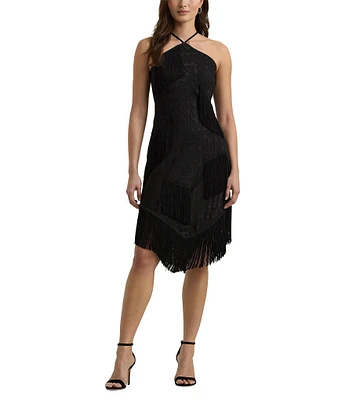 Lauren Ralph Lauren Fringe Trim Halter Neck Sleeveless Dress