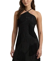 Lauren Ralph Lauren Fringe Trim Halter Neck Sleeveless Dress