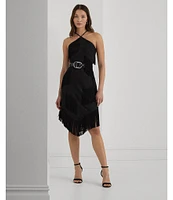 Lauren Ralph Lauren Fringe Trim Halter Neck Sleeveless Dress