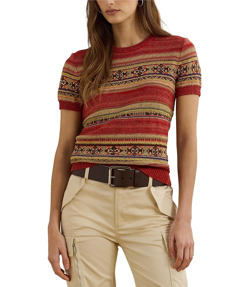 Lauren Ralph Lauren Geometric Stripe Ribbed Crew Neck Short Sleeve Pullover Sweater