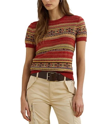 Lauren Ralph Lauren Geometric Stripe Ribbed Crew Neck Short Sleeve Pullover Sweater