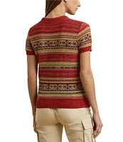 Lauren Ralph Lauren Geometric Stripe Ribbed Crew Neck Short Sleeve Pullover Sweater