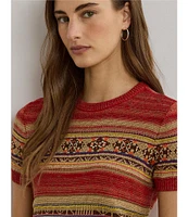 Lauren Ralph Lauren Geometric Stripe Ribbed Crew Neck Short Sleeve Pullover Sweater