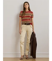 Lauren Ralph Lauren Geometric Stripe Ribbed Crew Neck Short Sleeve Pullover Sweater
