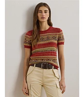 Lauren Ralph Lauren Geometric Stripe Ribbed Crew Neck Short Sleeve Pullover Sweater