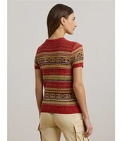 Lauren Ralph Lauren Geometric Stripe Ribbed Crew Neck Short Sleeve Pullover Sweater