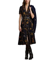 Lauren Ralph Lauren Georgette Belting-Print V-Neck Short Sleeve Belted Shirt Midi Dress