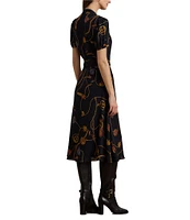 Lauren Ralph Lauren Georgette Belting-Print V-Neck Short Sleeve Belted Shirt Midi Dress