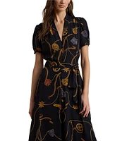 Lauren Ralph Lauren Georgette Belting-Print V-Neck Short Sleeve Belted Shirt Midi Dress