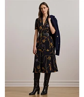 Lauren Ralph Lauren Georgette Belting-Print V-Neck Short Sleeve Belted Shirt Midi Dress