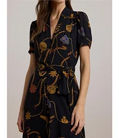 Lauren Ralph Lauren Georgette Belting-Print V-Neck Short Sleeve Belted Shirt Midi Dress