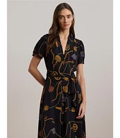 Lauren Ralph Lauren Georgette Belting-Print V-Neck Short Sleeve Belted Shirt Midi Dress