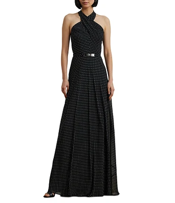 Lauren Ralph Lauren Georgette Dotted Print Halter Neck Sleeveless Belted A-Line Gown