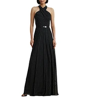Lauren Ralph Lauren Georgette Dotted Print Halter Neck Sleeveless Belted A-Line Gown