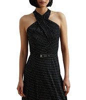 Lauren Ralph Lauren Georgette Dotted Print Halter Neck Sleeveless Belted A-Line Gown