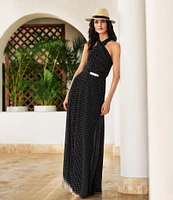Lauren Ralph Lauren Georgette Dotted Print Halter Neck Sleeveless Belted A-Line Gown