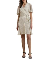 Lauren Ralph Lauren Georgette Dotted Print V Neck Short Sleeve Belted Wrap Mini Dress