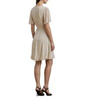 Lauren Ralph Lauren Georgette Dotted Print V Neck Short Sleeve Belted Wrap Mini Dress