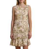 Lauren Ralph Lauren Georgette Floral Print Crew Neck Sleeveless Ruffle Hem Shift Mini Dress