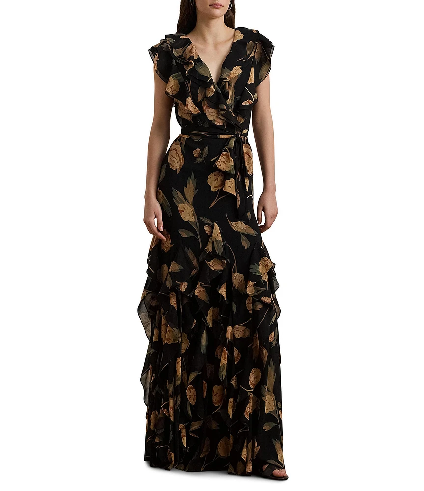 Lauren Ralph Lauren Georgette Floral Print V Neck Cap Sleeve Ruffle Belted Sheath Gown