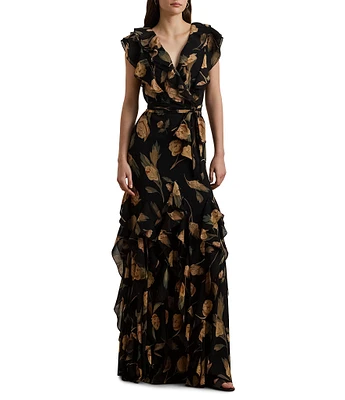 Lauren Ralph Lauren Georgette Floral Print V Neck Cap Sleeve Ruffle Belted Sheath Gown