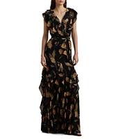 Lauren Ralph Lauren Georgette Floral Print V Neck Cap Sleeve Ruffle Belted Sheath Gown