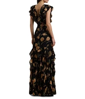 Lauren Ralph Lauren Georgette Floral Print V Neck Cap Sleeve Ruffle Belted Sheath Gown