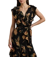 Lauren Ralph Lauren Georgette Floral Print V Neck Cap Sleeve Ruffle Belted Sheath Gown