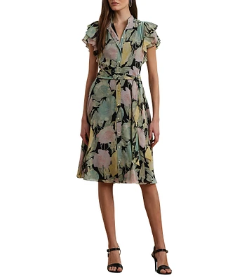 Lauren Ralph Lauren Georgette Floral Print V Neck Short Sleeve Belted Shirt Knee Length Dress