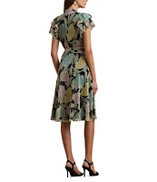 Lauren Ralph Lauren Georgette Floral Print V Neck Short Sleeve Belted Shirt Knee Length Dress
