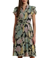 Lauren Ralph Lauren Georgette Floral Print V Neck Short Sleeve Belted Shirt Knee Length Dress