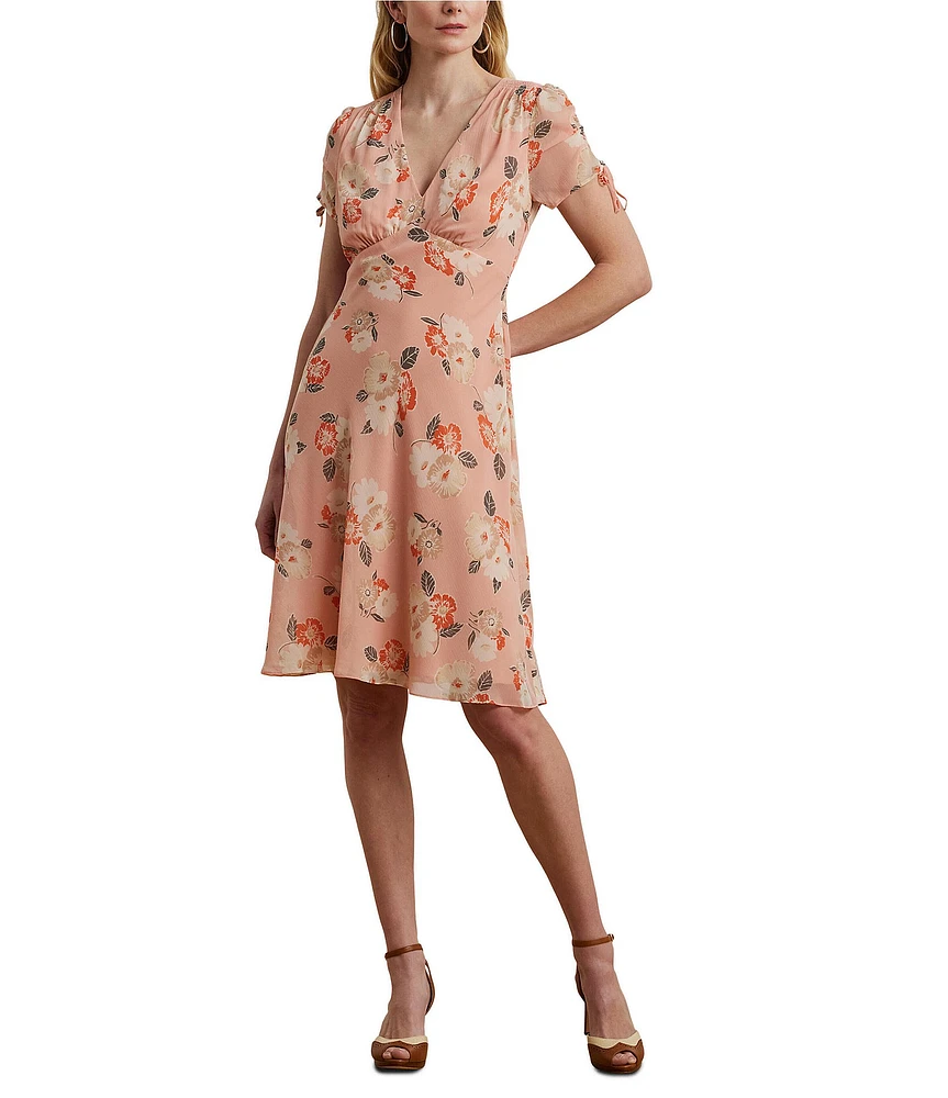 Lauren Ralph Lauren Georgette Floral Print V-Neck Short Sleeve Fit and Flare Knee Length Dress
