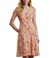 Lauren Ralph Lauren Georgette Floral Print V-Neck Short Sleeve Fit and Flare Knee Length Dress