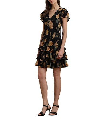 Lauren Ralph Lauren Georgette Floral Print V Neck Short Sleeve Ruffle Drop Waist Mini Dress