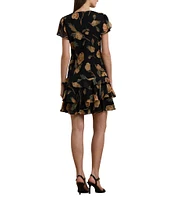Lauren Ralph Lauren Georgette Floral Print V Neck Short Sleeve Ruffle Drop Waist Mini Dress